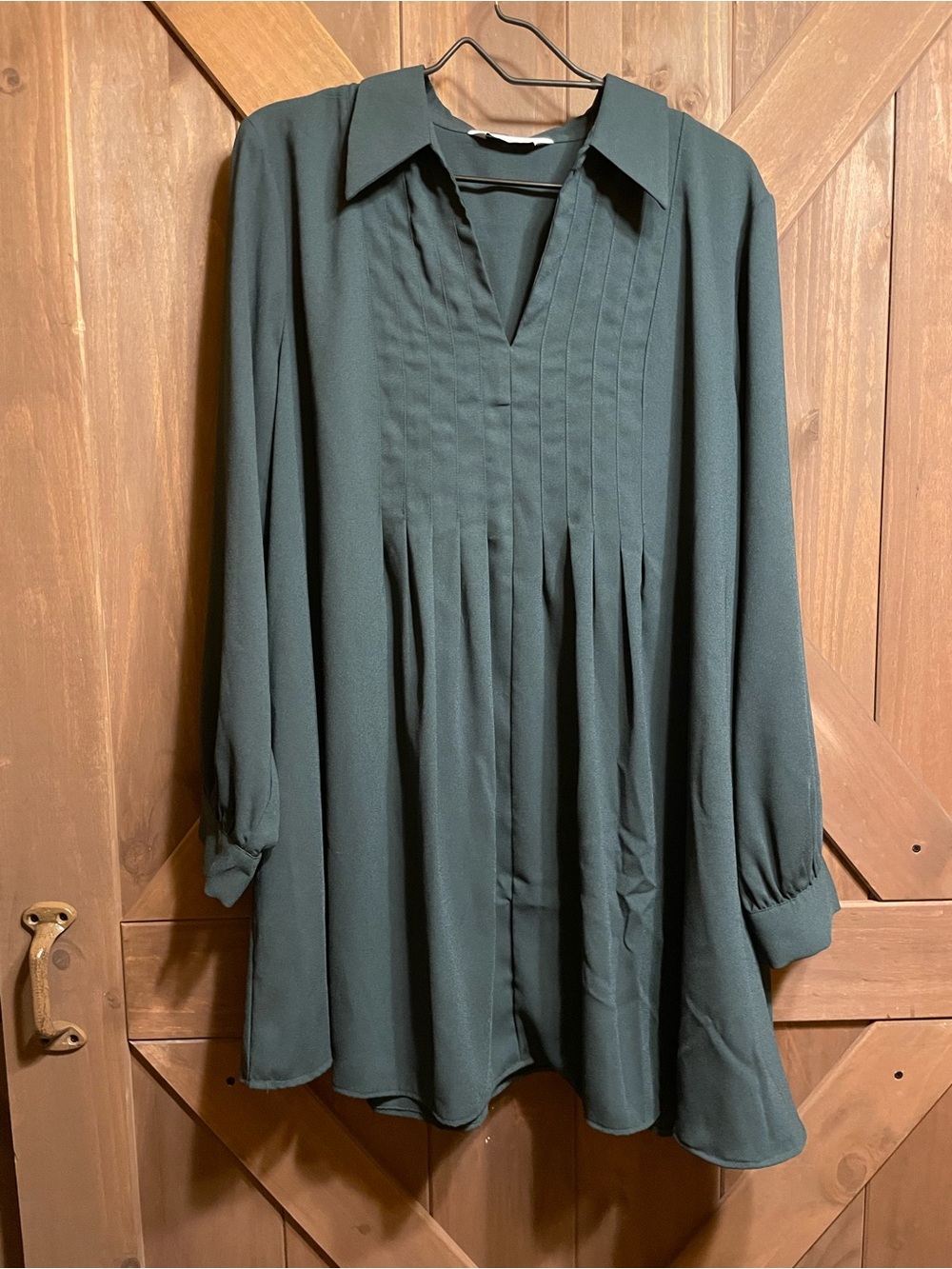 Nine West Forest Green Pleated V-Neck Tunic Dress